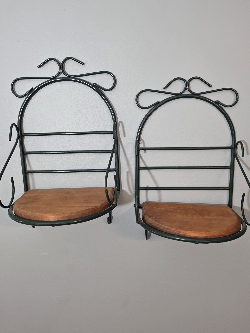 Pair of Wall-Mounted Display Shelves in Dark Green with Wood Seats